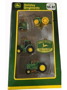 2008 Enesco John Deere Holiday Ornaments 5pc Set - Micro Tractors, Hat, & Sign